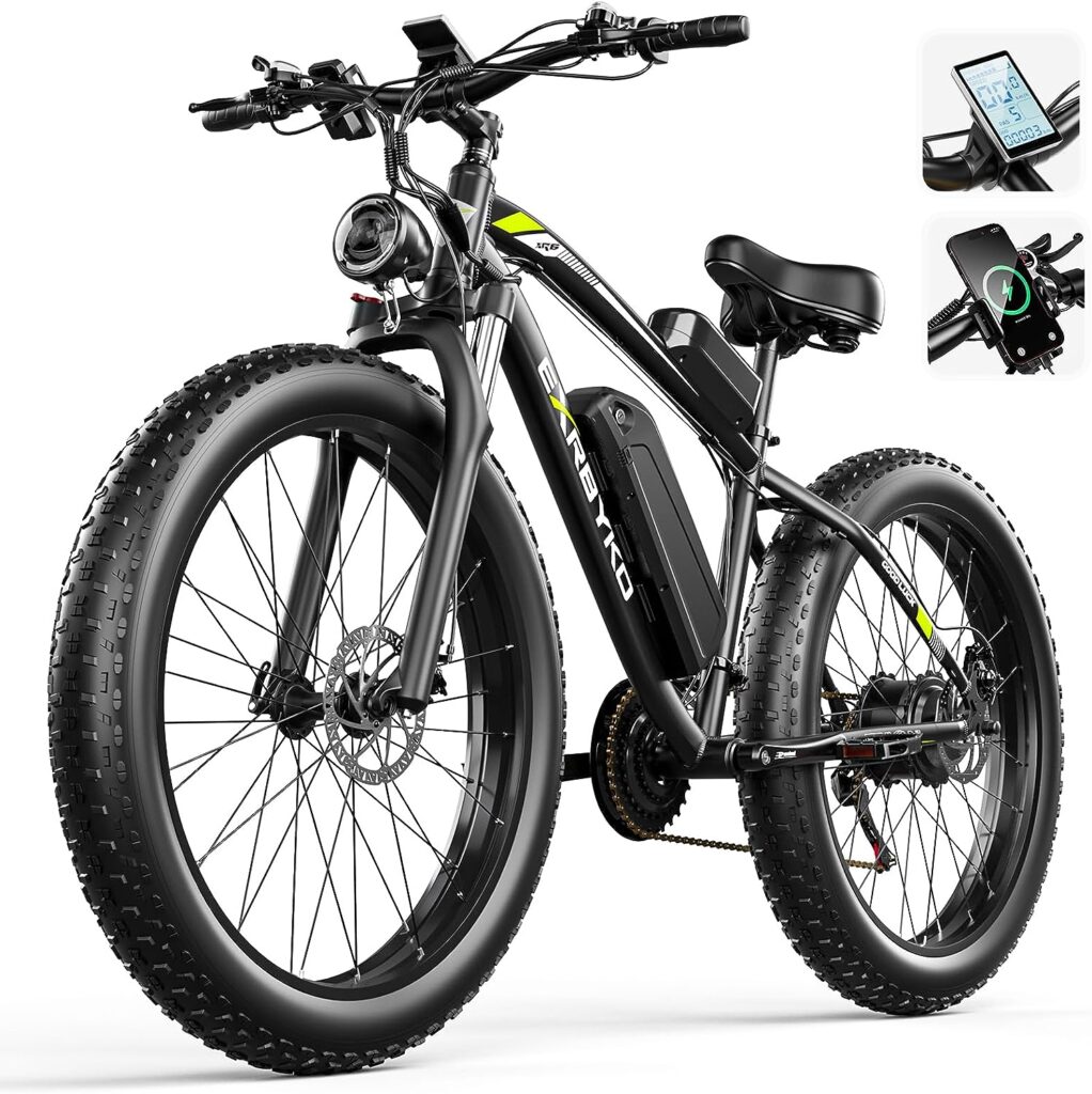 EXRBYKO Fat Tire Electric Bike for Adults 26 x 4, 750W 34MPH Ebike with 48V 17.5AH 840WH Battery, Up to 65 Miles E Bike with 21-Speed Gears, Beach Mountain Snow Electric Bicycle UL Certified EXRBYKO Fat Tire Electric Bike for Adults 26 x 4, 750W 34MPH Ebike with 48V 17.5AH 840WH Battery, Up to 65 Miles E Bike with 21-Speed Gears, Beach Mountain Snow Electric Bicycle UL Certified