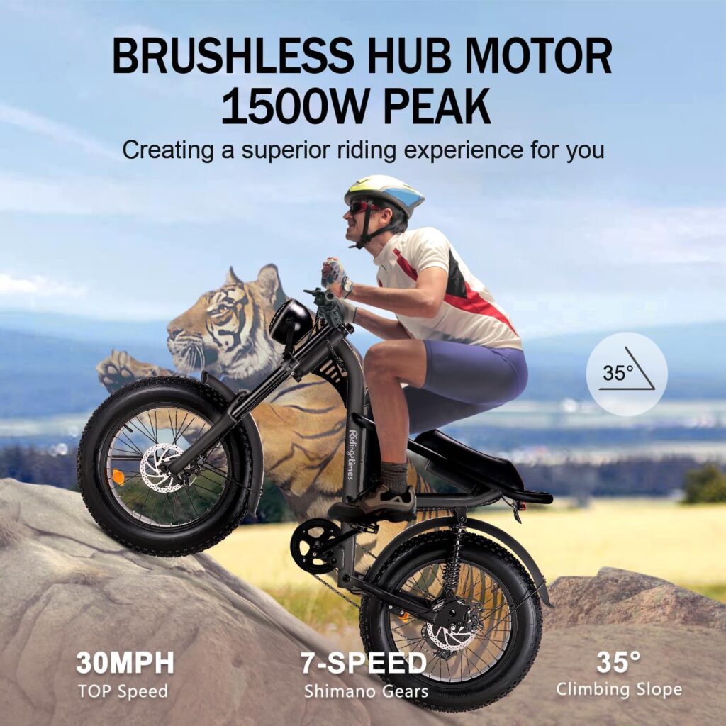 1500W Electric Bike with 20*4 inch Fat Tire, 6 Layer Full Suspension Retro Off Road Ebike, 15.6AH Removable Battery Up to 28MPH  75Miles, Mountain Winter Snow Electric Bike