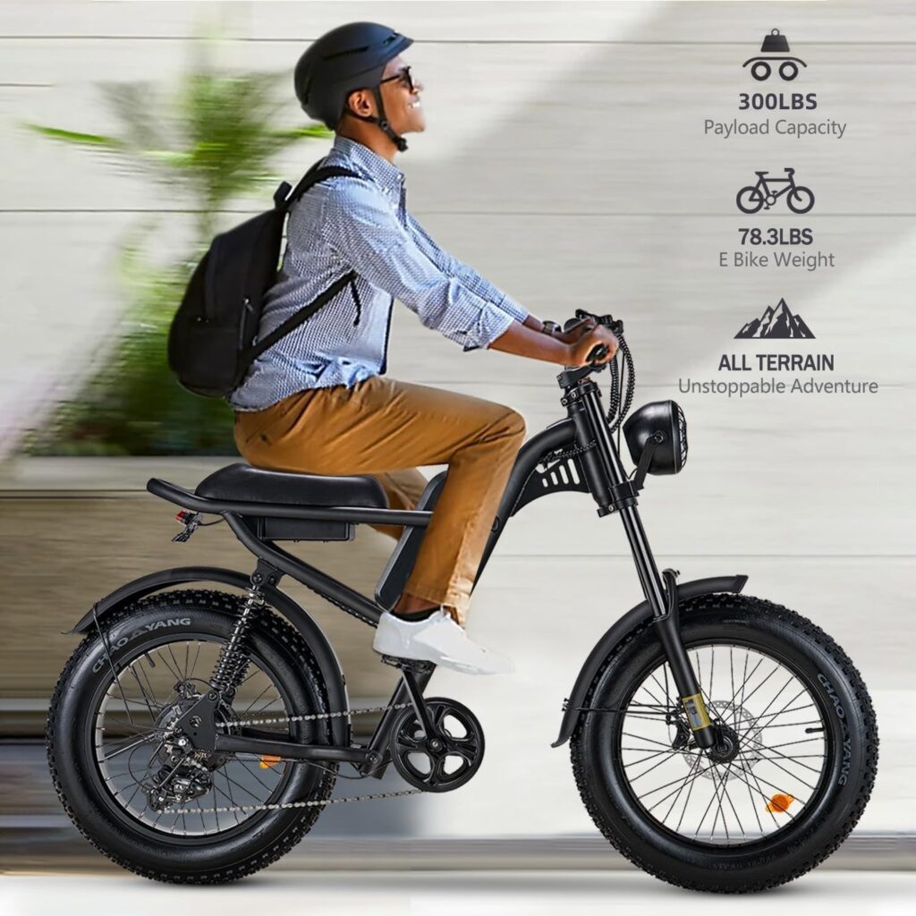 1500W Electric Bike with 20*4 inch Fat Tire, 6 Layer Full Suspension Retro Off Road Ebike, 15.6AH Removable Battery Up to 28MPH  75Miles, Mountain Winter Snow Electric Bike