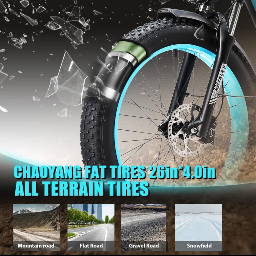 KETELES 1000W Electric Bike 26 x 4.0 Fat Tire Cruise Electric Bicycle for Adults 17.5AH Removable Battery City Ebike Up to 28MPH Front Fork Suspension Commuter Electric Mountain Bike for Man