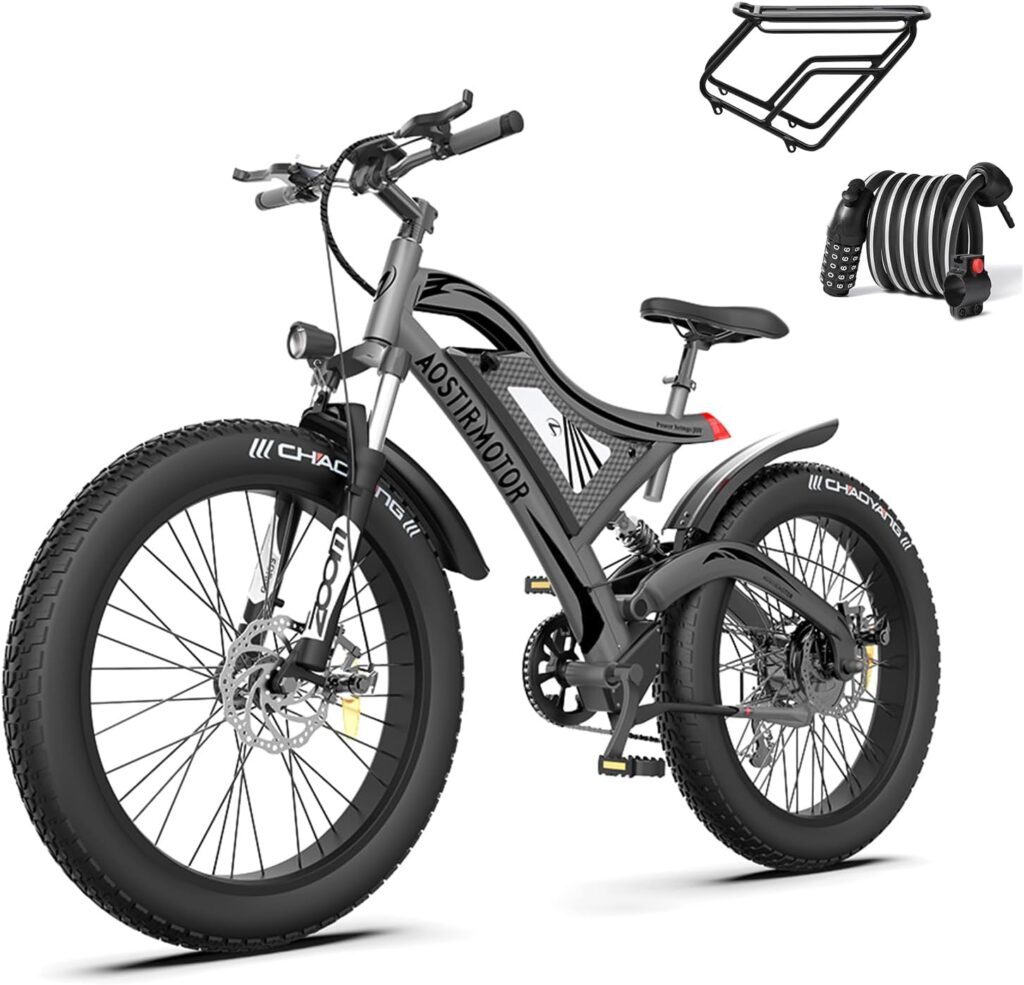 aostirmotor 750W Electric Bike for Adults 26×4 Fat Tire Electric Bike 48V 15AH Adult Electric Bicycles, Full Suspension 28MPH E Bike for Adults, Shimano 7 Speed Electric Mountain Bike