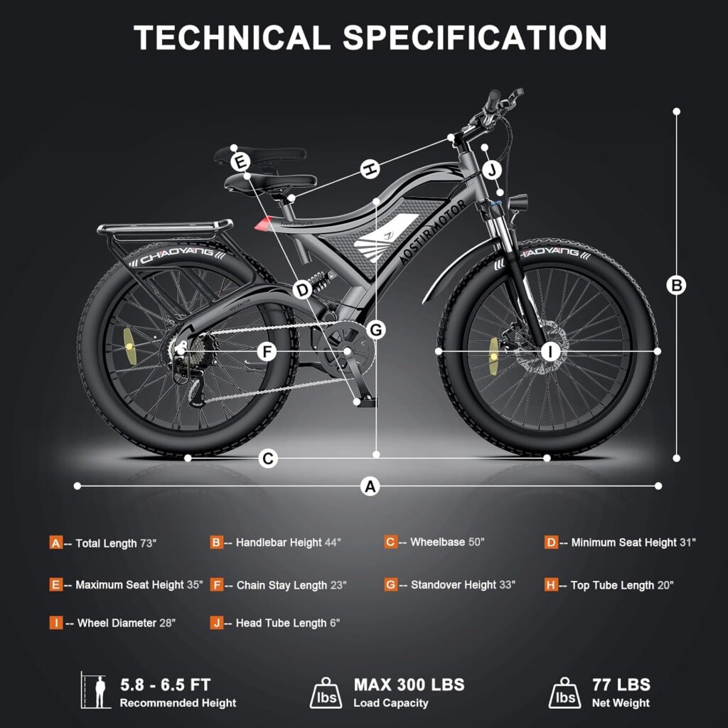 aostirmotor 750W Electric Bike for Adults 26×4 Fat Tire Electric Bike 48V 15AH Adult Electric Bicycles, Full Suspension 28MPH E Bike for Adults, Shimano 7 Speed Electric Mountain Bike