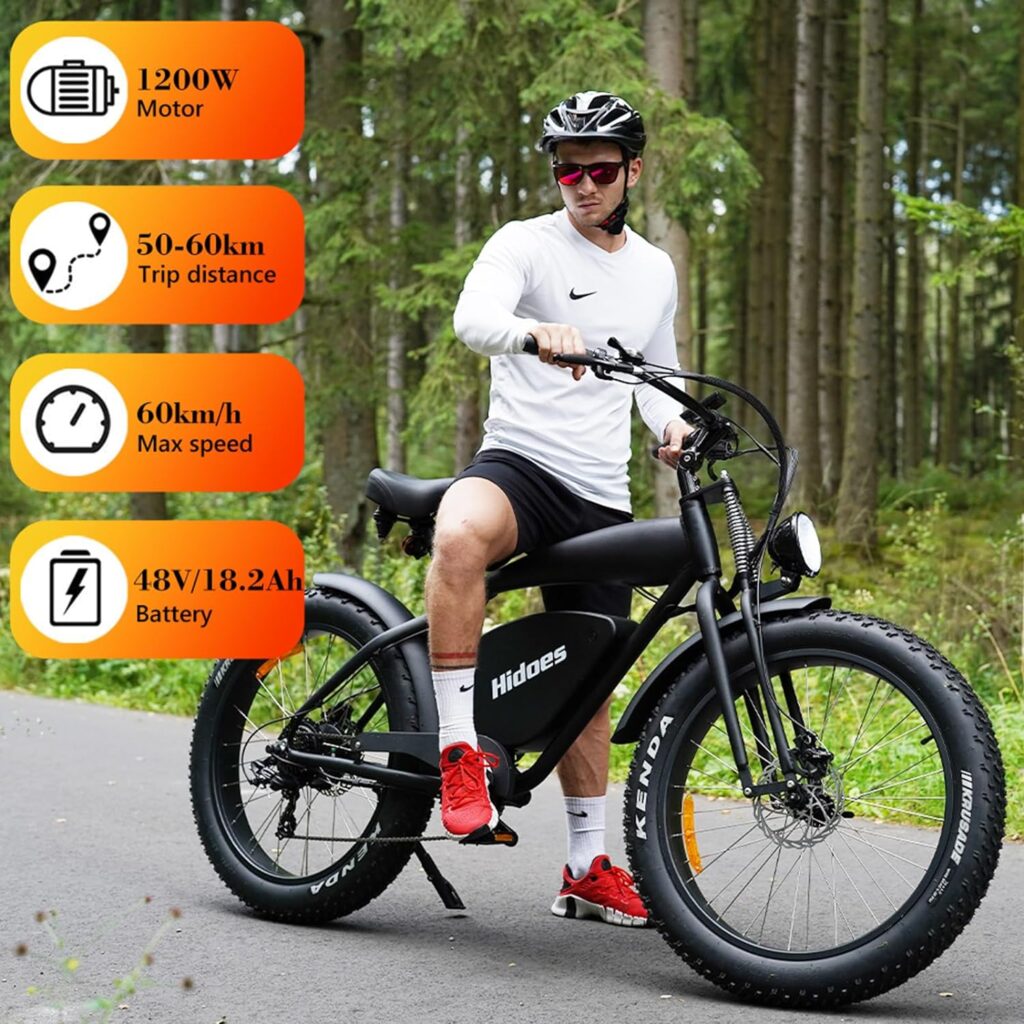 Hidoes Fat Tire Electric Bike for Adults, 1200W Electric Bicycle with 48V 18.2AH Long Range Battery, 26x4 Fat Tire ebike, Up to 37MPH  31Miles Beach Off Road Mountain e Bike/US Stock