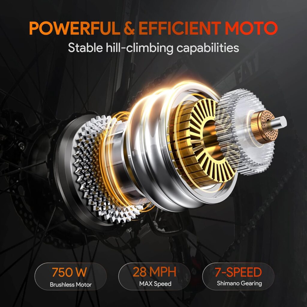 Osoeri 26 x 4 Fat Tire Electric Bike for Adults, 750W Brushless Motor 48V Large Battery Ebike, 28MPH Shimano 7-Speed Mountain Electric Bicycle