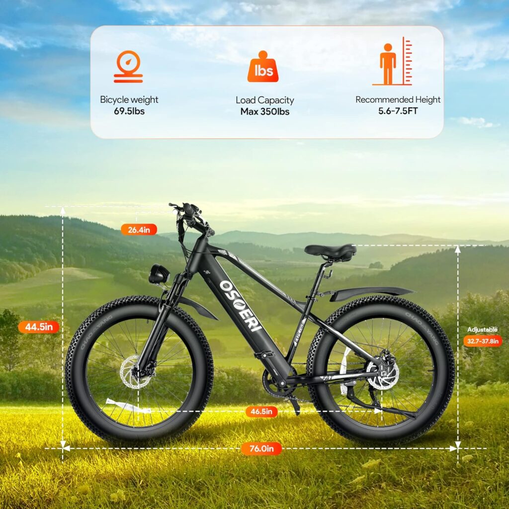 Osoeri 26 x 4 Fat Tire Electric Bike for Adults, 750W Brushless Motor 48V Large Battery Ebike, 28MPH Shimano 7-Speed Mountain Electric Bicycle