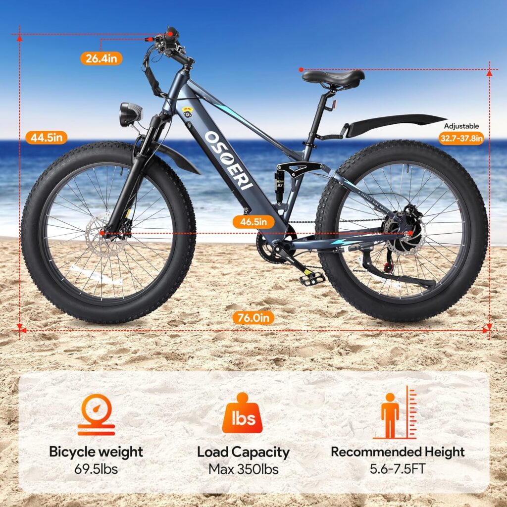 Osoeri 26 x 4 Fat Tire Electric Bike for Adults, 750W Brushless Motor 48V Large Battery Ebike, 28MPH Shimano 7-Speed Mountain Electric Bicycle