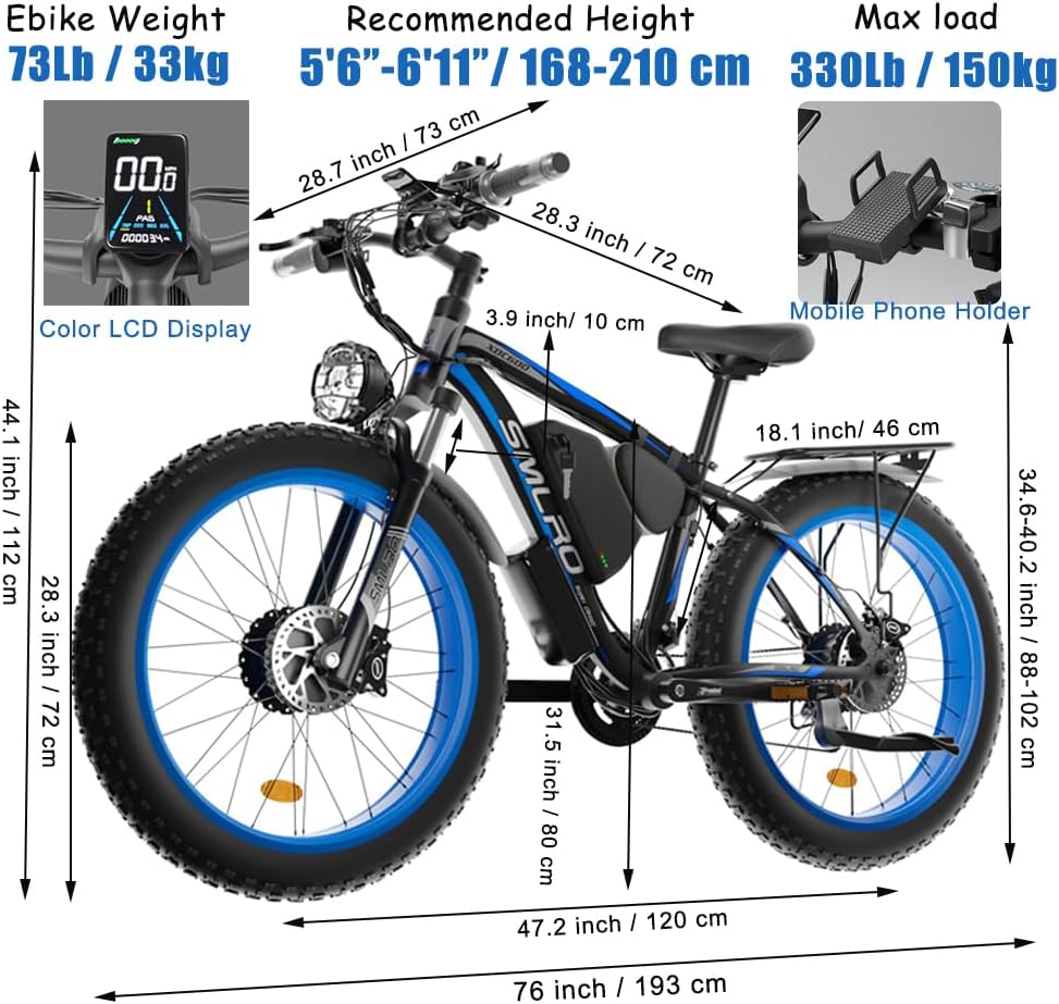Tiemahun (US Warehouse) SMLRO XDC600 Plus Dual Motor AWD 22.4AH 2000W 26 Fat Tire Electric Bike 35MPH, 21 Speed Mountain Ebike Suspension with Lock Hydraulic Disc Brakes, Ebikes for Adults