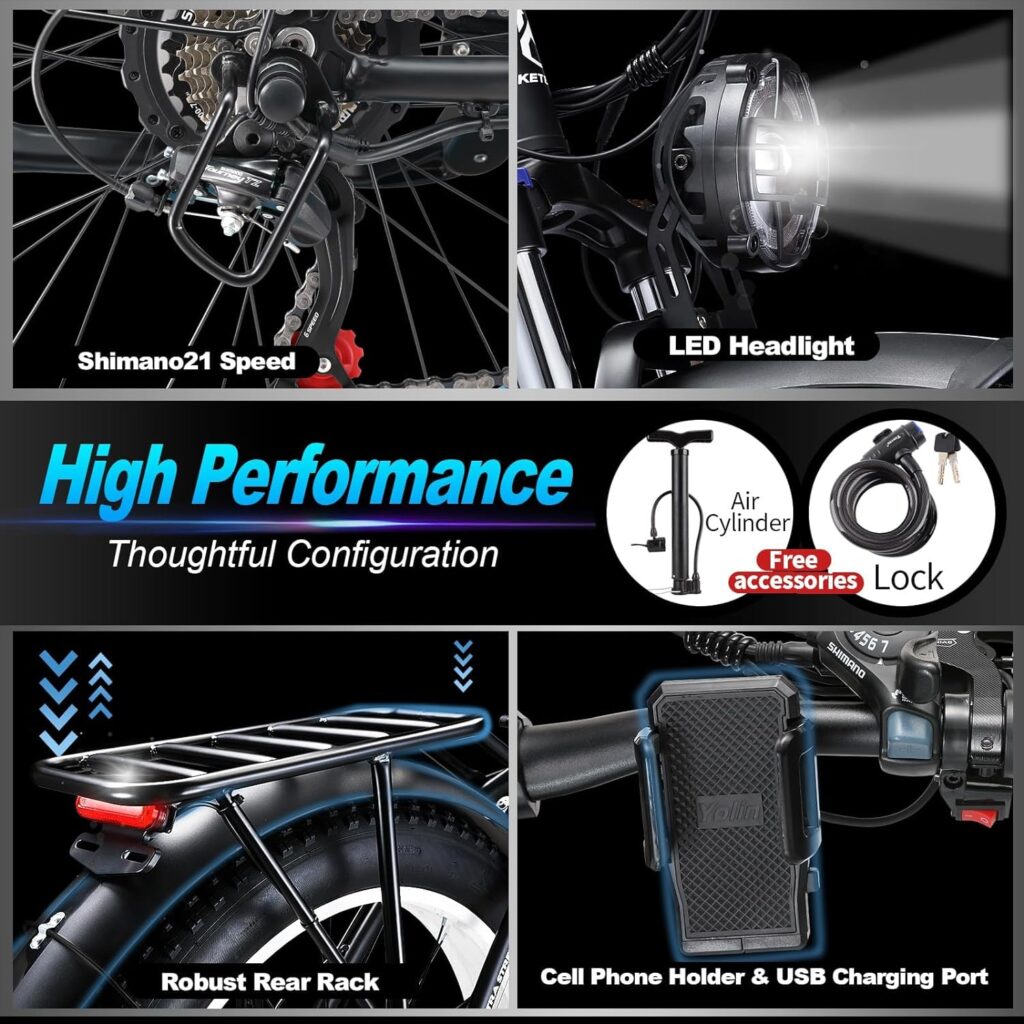 QIKAITU Electric Bike for Adults 1000W 48V 17.5AH Removable Battery 27MPH 26 x 4 Fat Tire Snow Beach Mountain Ebike for Adults with 21-Speed Shifting Gear Electric City Bike