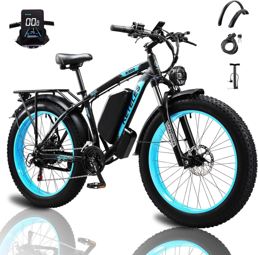 QIKAITU Electric Bike for Adults 1000W 48V 17.5AH Removable Battery 27MPH 26 x 4 Fat Tire Snow Beach Mountain Ebike for Adults with 21-Speed Shifting Gear Electric City Bike