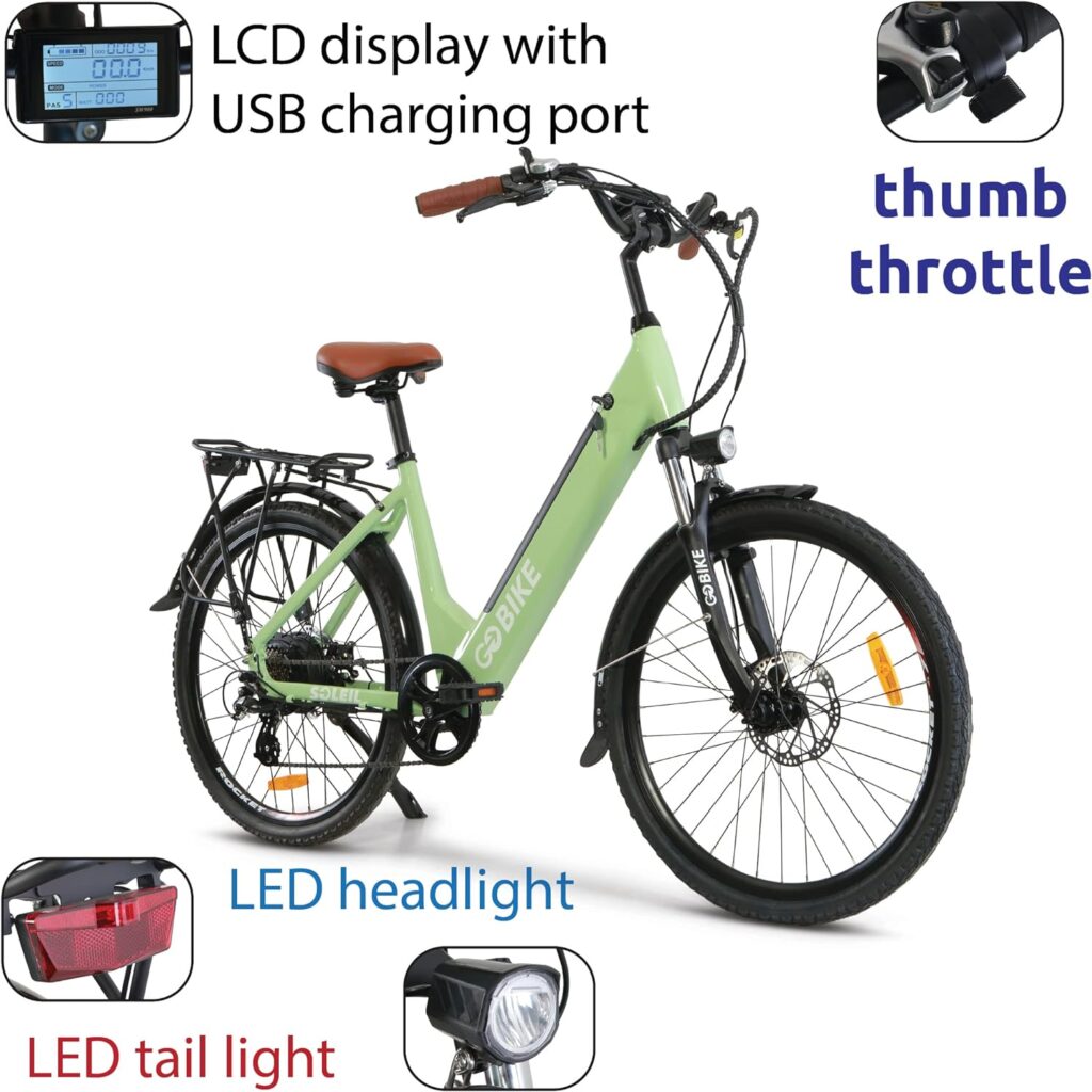 Soleil Lightweight Electric Motorized Bike, Step Through e-Bike 7 Speed Shimano, Pedal Assist, Thumb Throttle, City e-Bikes for Men, and Women 48V 500W Motor 30 Mile Range for Adults, by GoBike