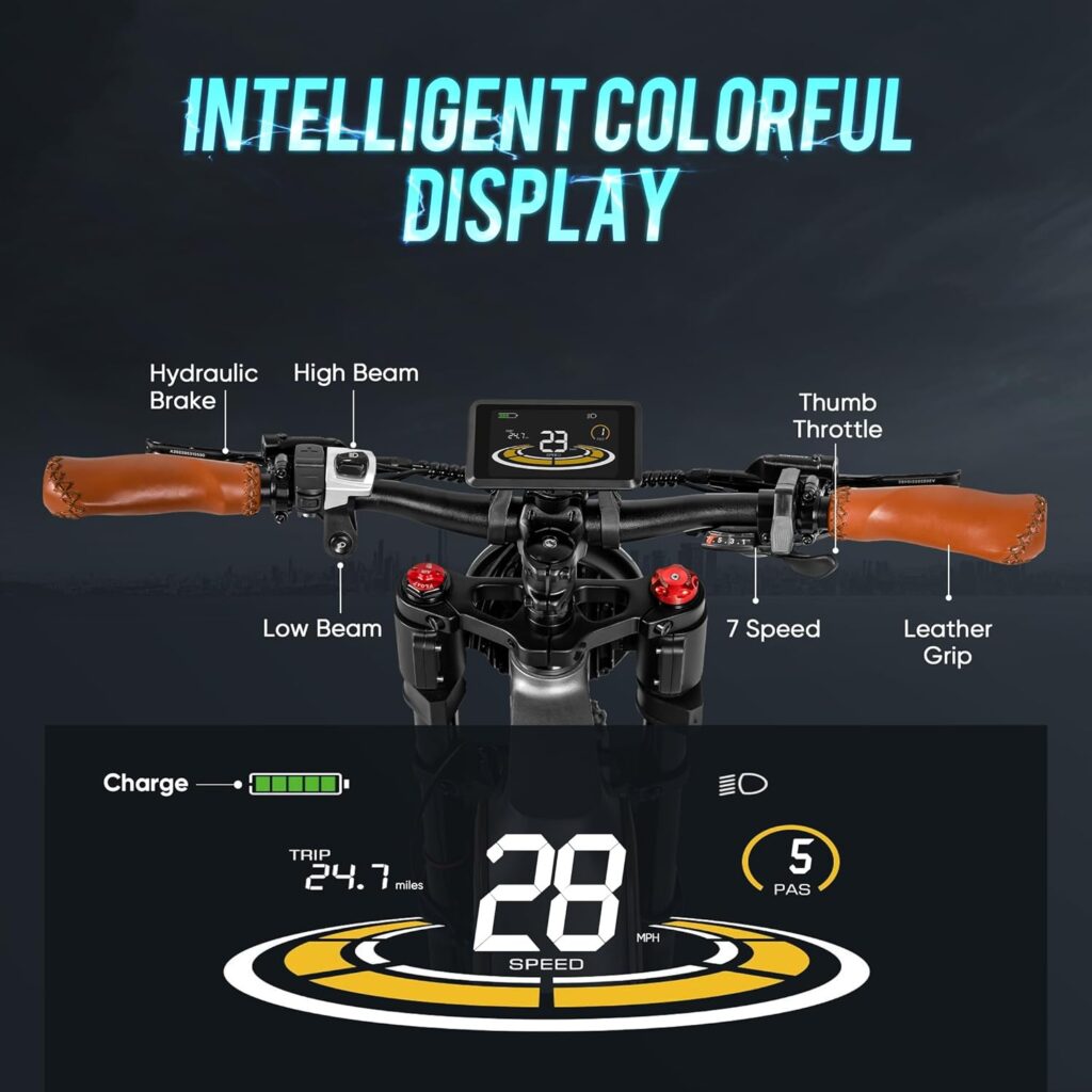 eAhora P5 Electric Bike for Adults, 28MPH 750W(MAX 1000W) 48V 16Ah/20Ah Long Range Removable Battery Ebike, 7 Speed Electric Mountain Bike, 24 * 4.0 Fat Tire Electric Bike, Full Suspension eAhora P5 Electric Bike for Adults, 28MPH 750W(MAX 1000W) 48V 16Ah/20Ah Long Range Removable Battery Ebike, 7 Speed Electric Mountain Bike, 24 * 4.0 Fat Tire Electric Bike, Full Suspension