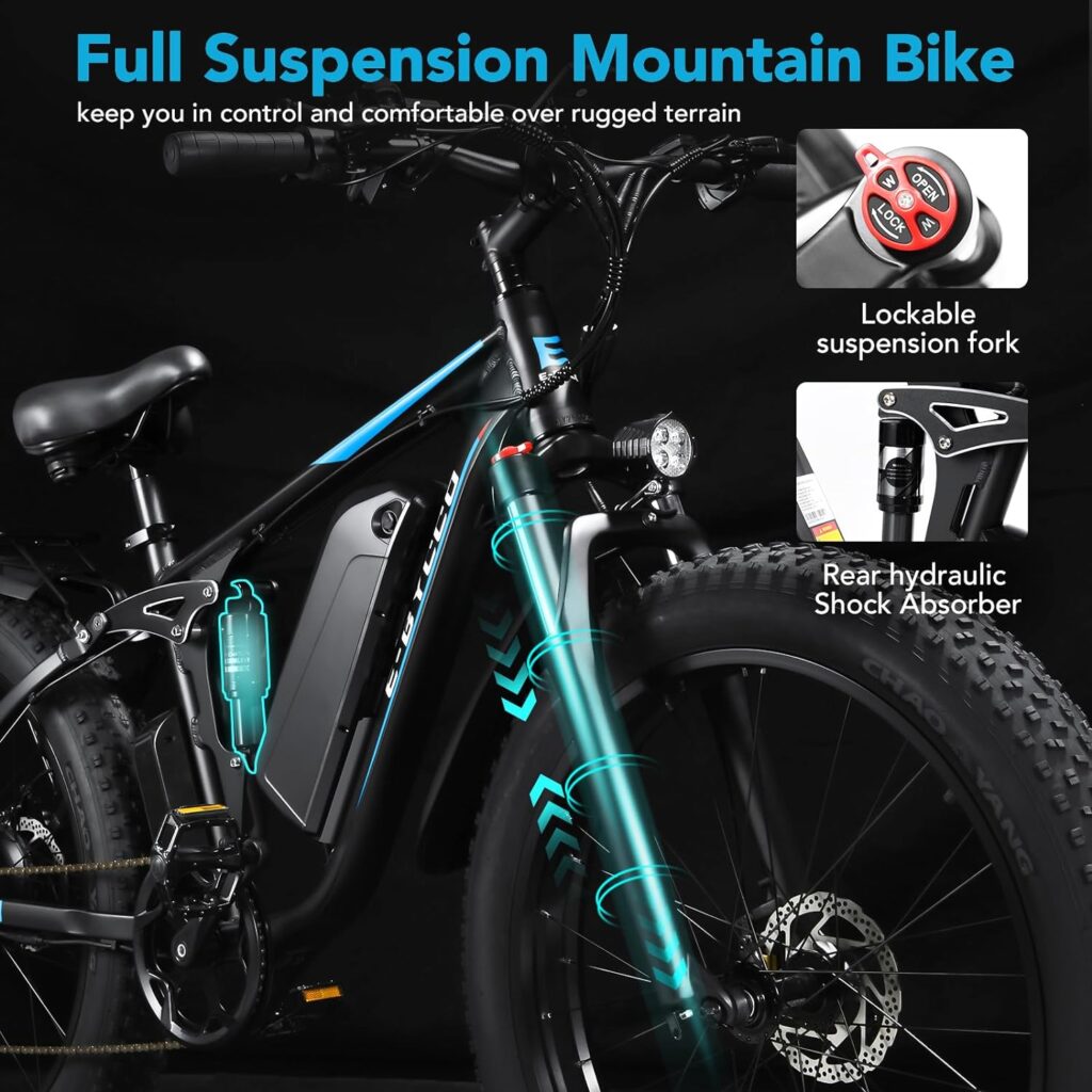 E·Bycco Dual 1000W Motors 2000W Electric Bike for Adults, 48V 23Ah Battery, Up to 35MPH 87Miles, 26*4.0 Fat Tire Commuter E-Bicycle, Pedal Assist Full Suspension Mountain E-Bike for Men E·Bycco Dual 1000W Motors 2000W Electric Bike for Adults, 48V 23Ah Battery, Up to 35MPH 87Miles, 26*4.0 Fat Tire Commuter E-Bicycle, Pedal Assist Full Suspension Mountain E-Bike for Men