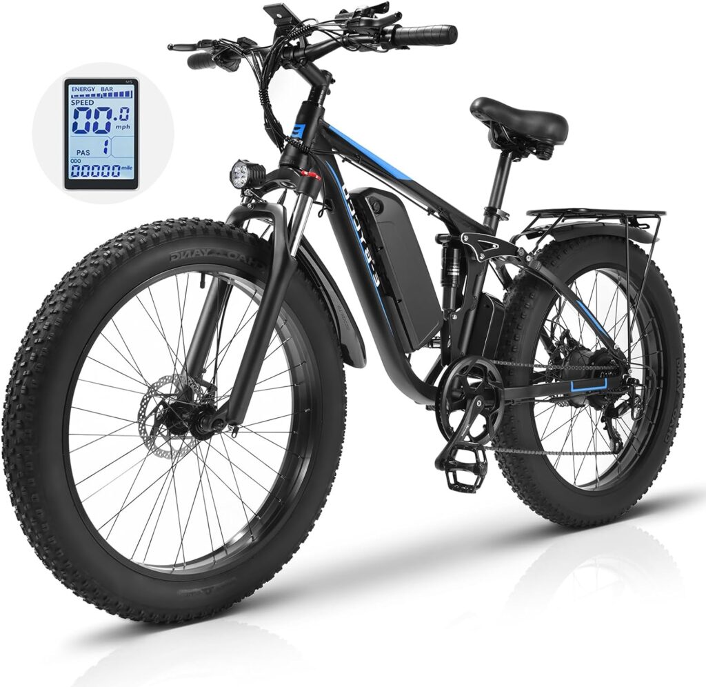 E·Bycco Dual 1000W Motors 2000W Electric Bike for Adults, 48V 23Ah Battery, Up to 35MPH 87Miles, 26*4.0 Fat Tire Commuter E-Bicycle, Pedal Assist Full Suspension Mountain E-Bike for Men E·Bycco Dual 1000W Motors 2000W Electric Bike for Adults, 48V 23Ah Battery, Up to 35MPH 87Miles, 26*4.0 Fat Tire Commuter E-Bicycle, Pedal Assist Full Suspension Mountain E-Bike for Men