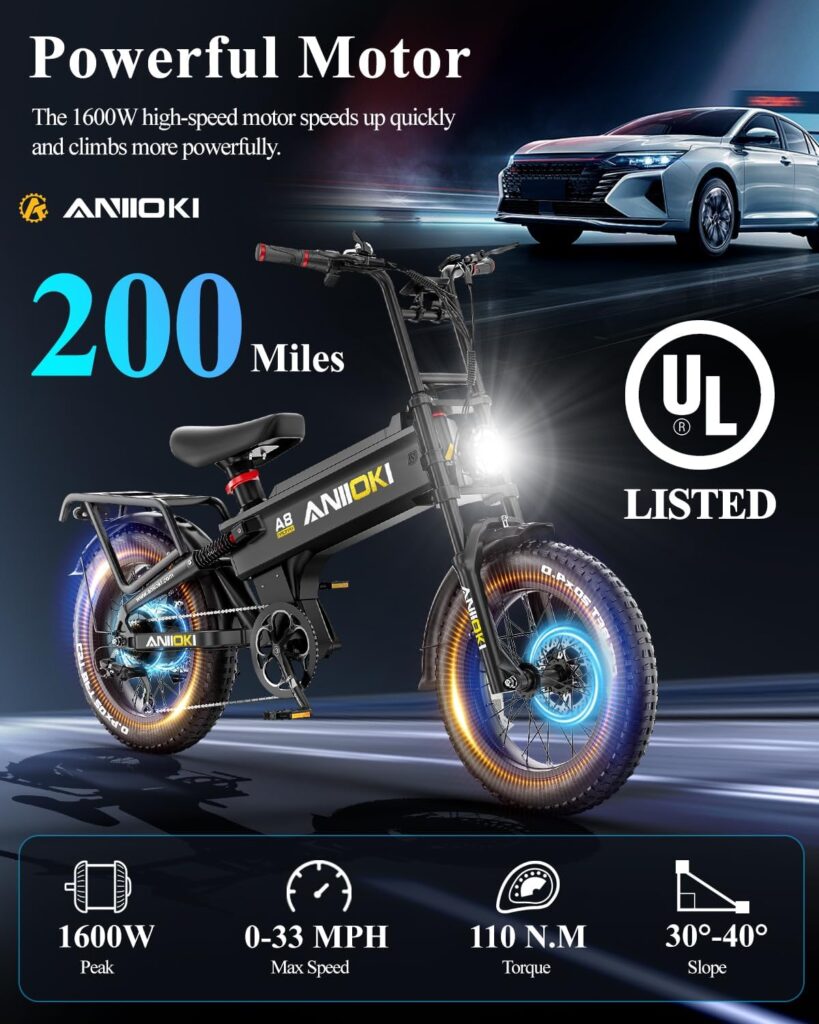 ANIIOKI Electric Bikes, A8 PRO MAX Ebikes for Adults 48/52V 60AH, 1600W Peak Power Electric Bicycles, 30+MPH Electric Bike for Adults, Fat Tire Electric Bike, Electric Mountain Bike