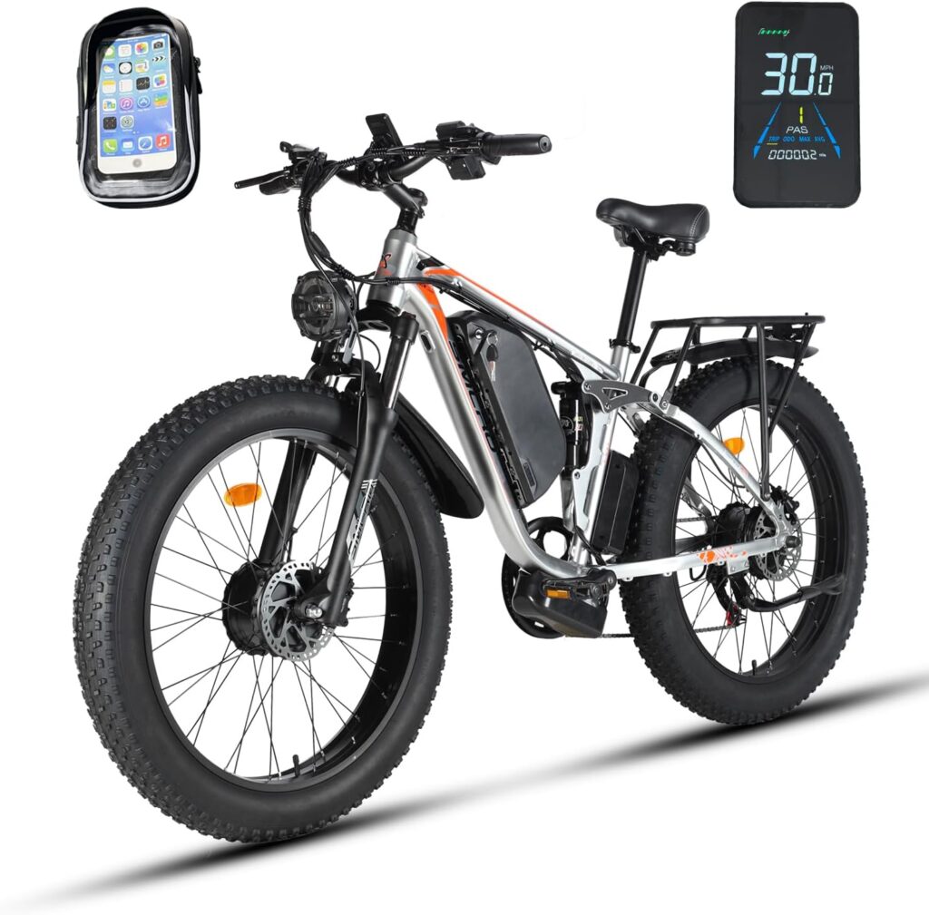 (US in Stock) Smlro V3 Plus AWD Electric Mountain Bicycle 35MPH E Bike 2000W Dual Motor 48V 22.4AH 7 Speed Full Suspension 26 Fat Tire Ebike Hydraulic Disc Brake City Road E-Bike